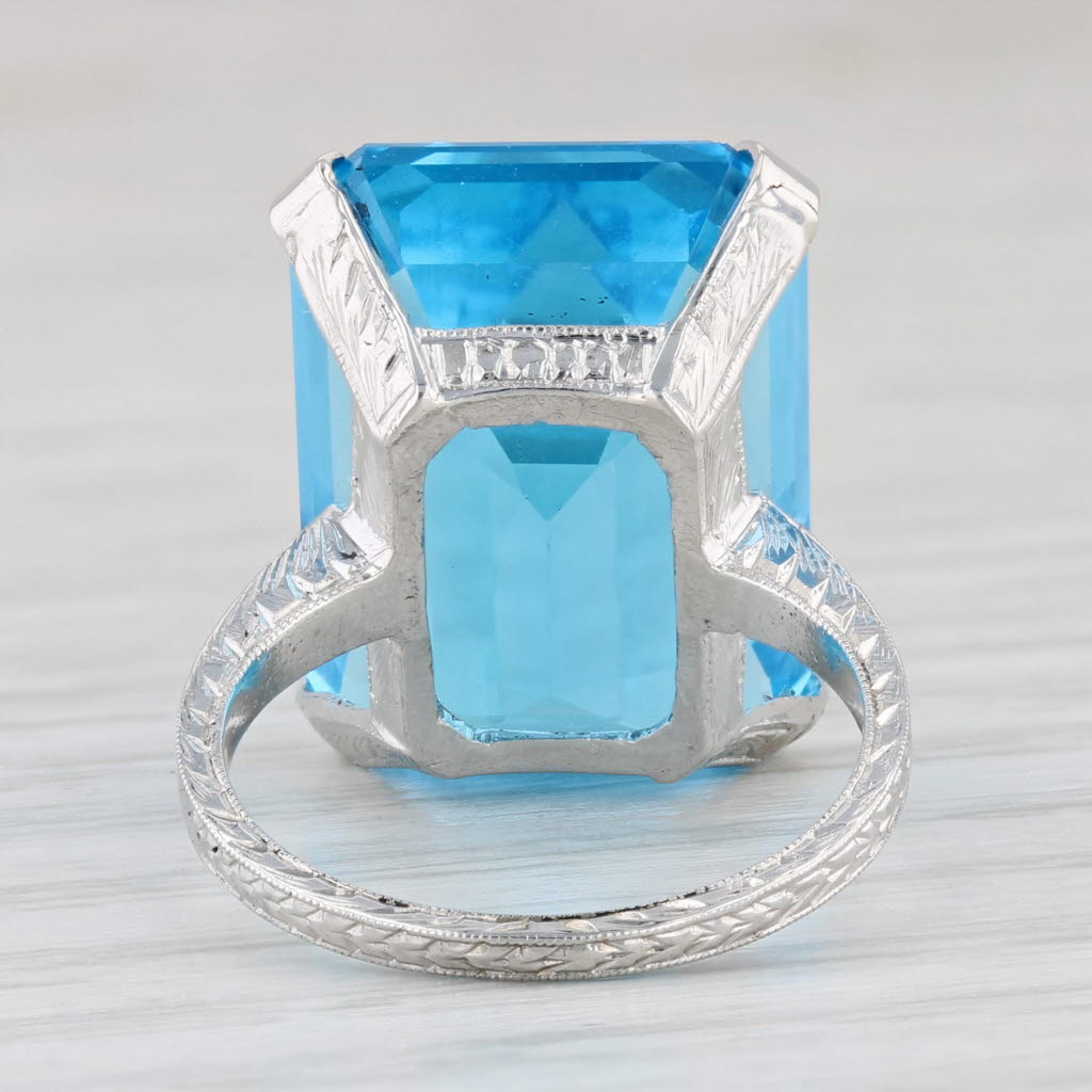 Light Gray Vintage 19.70ct Blue Topaz Ring 18k White Gold Size 4.5 Emerald Cut Solitaire