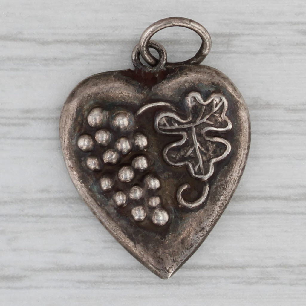 Gray Vintage Puffy Heart Grape Leaf Charm Sterling Silver Ornate Pendant