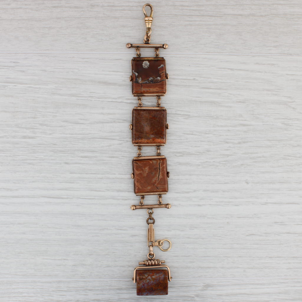 Light Gray Marbled Brown Agate Watch Chain Carved Chest Fob Vintage