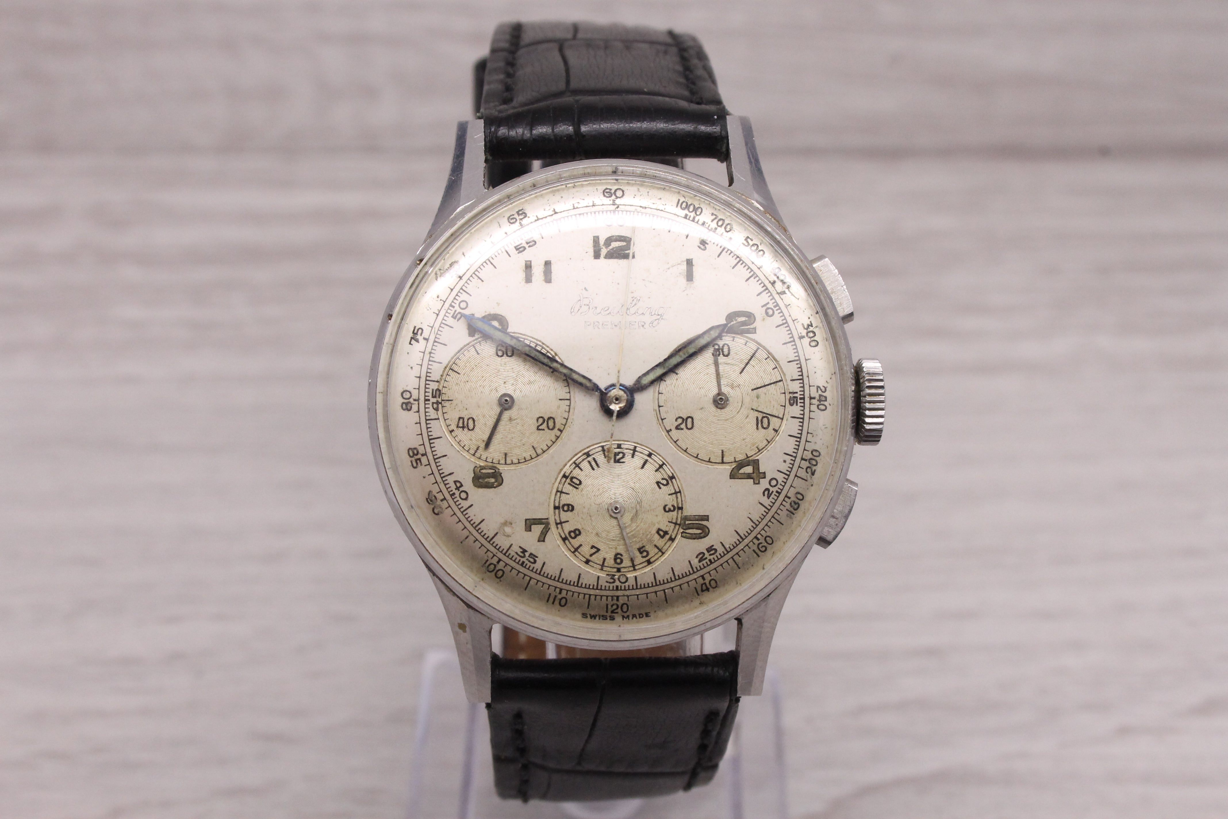 Dark Gray Vintage Breitling Premier ref.734 37mm Steel Men Chronograph Watch NEEDS SERVICE
