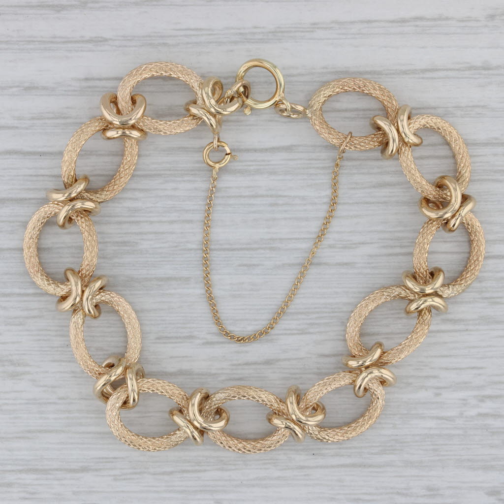 Gray 7.5" Etched Oval Links 14k Yellow Gold 11.5mm with Safety Chain Starter Charm