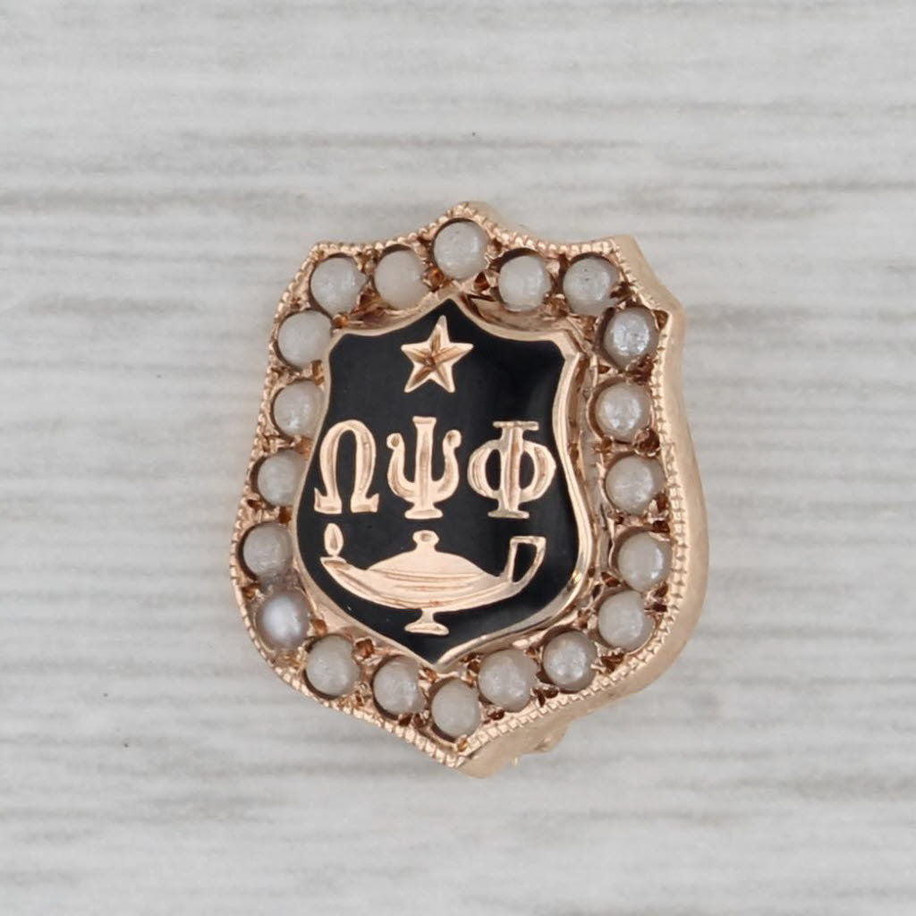 Gray Omega Psi Phi Shield Badge 10k Gold Pearl Vintage Fraternity Pin