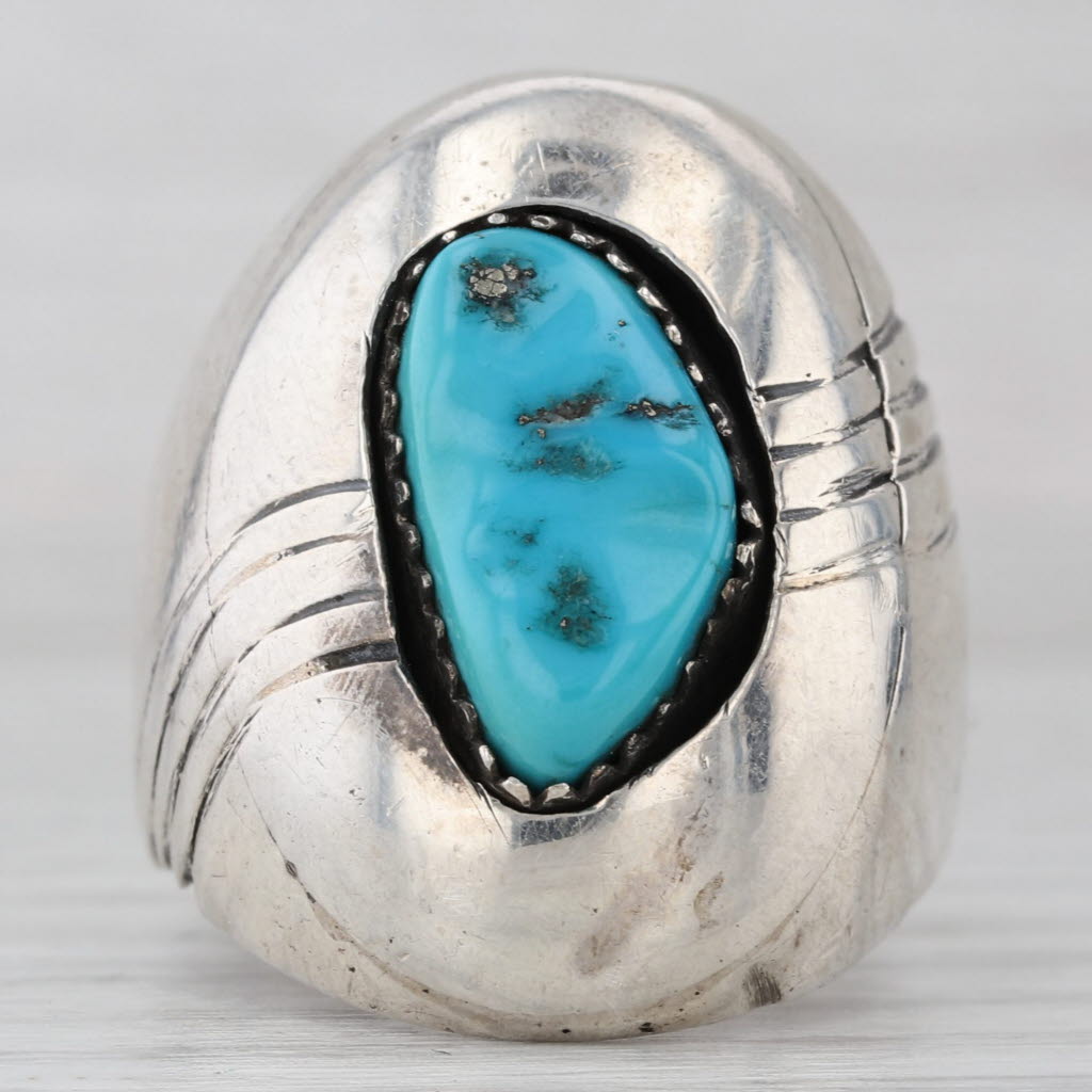 Gray Vintage Native American Turquoise Ring Sterling Silver Size10 Signed TOP