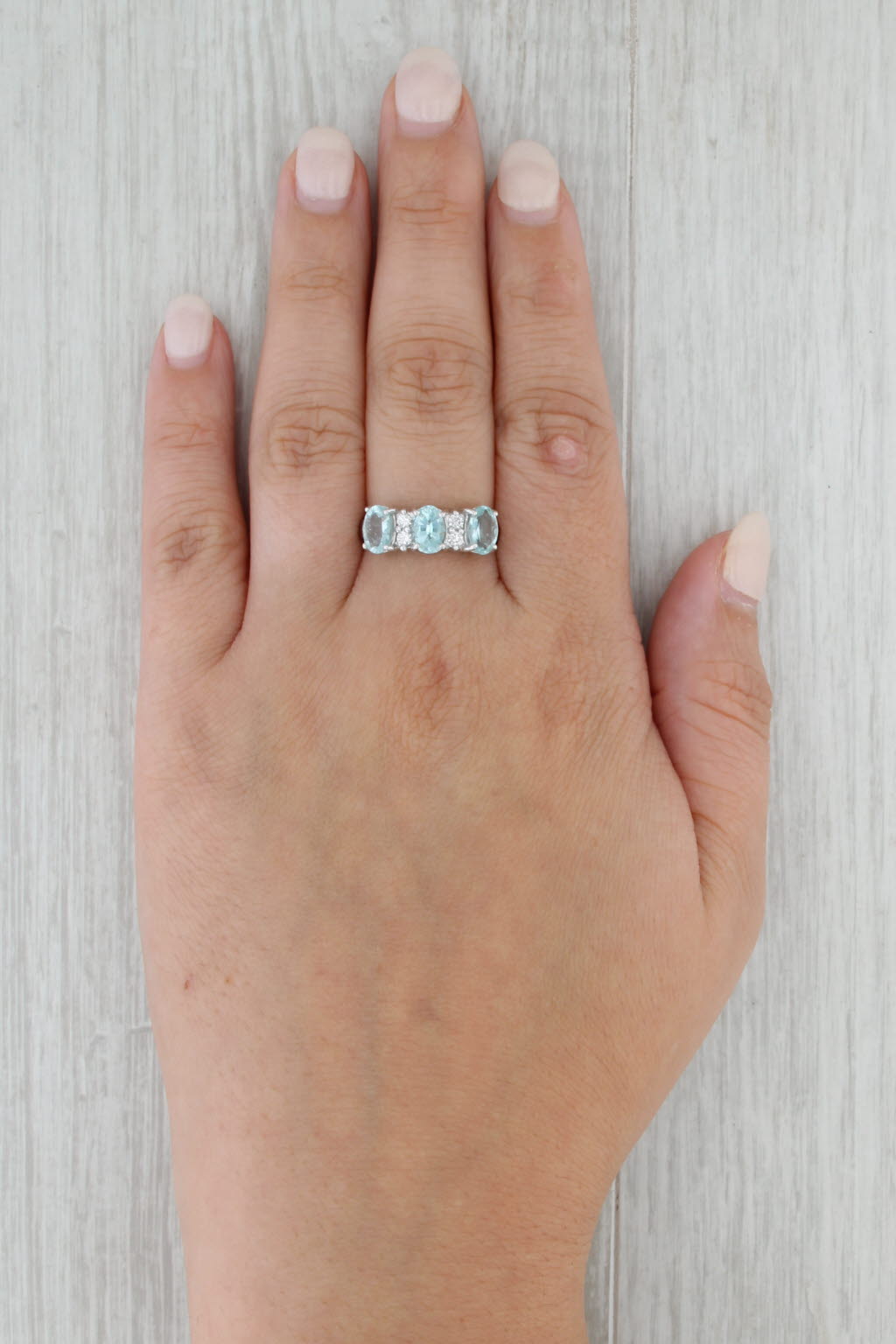 2.18ctw 3-Stone Aquamarine Diamond Ring 18k White Gold Size 8
