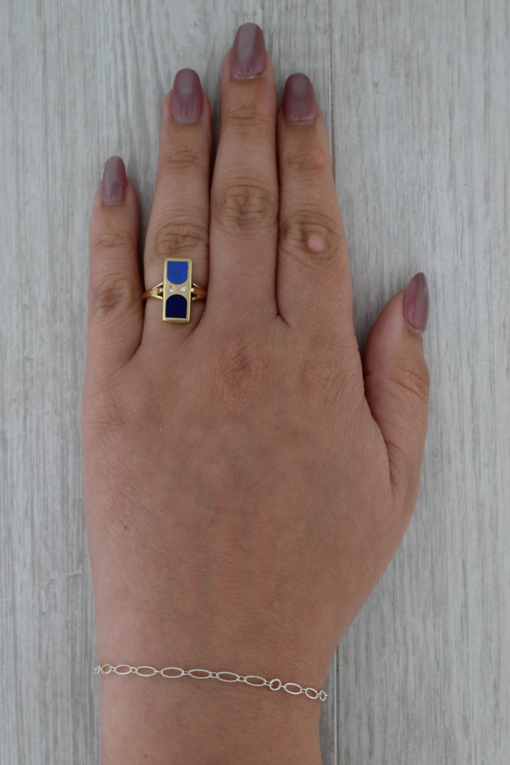 Italian Vibrant Blue Enamel Diamond Ring 18k Yellow Gold Size 6.75