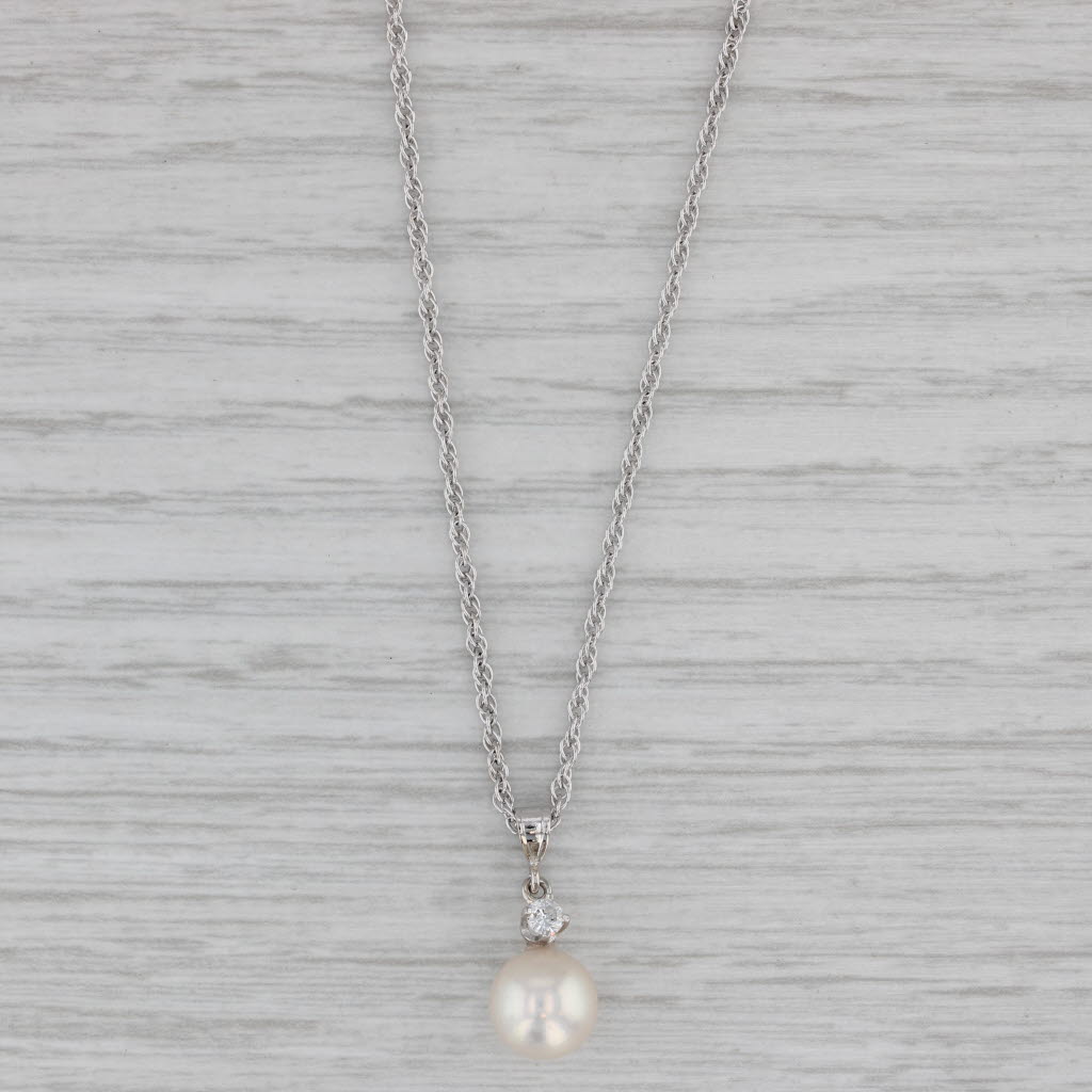 Gray Cultured Pearl Diamond Pendant Necklace 14k White Gold 15.75" Rope Chain
