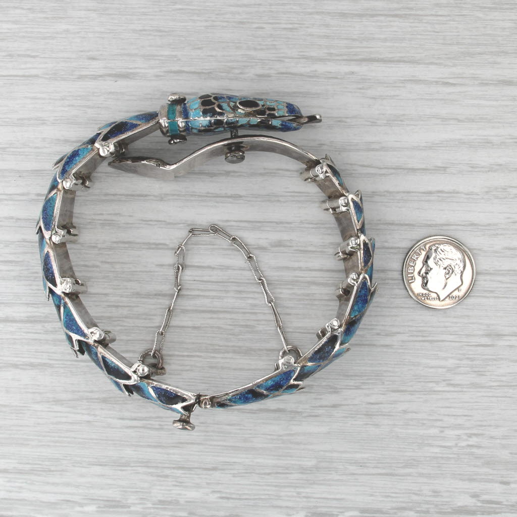 Snake Bangle Bracelet Jeronimo Fuonks Taxco Mexico Sterling Silver Enamel 7.75"
