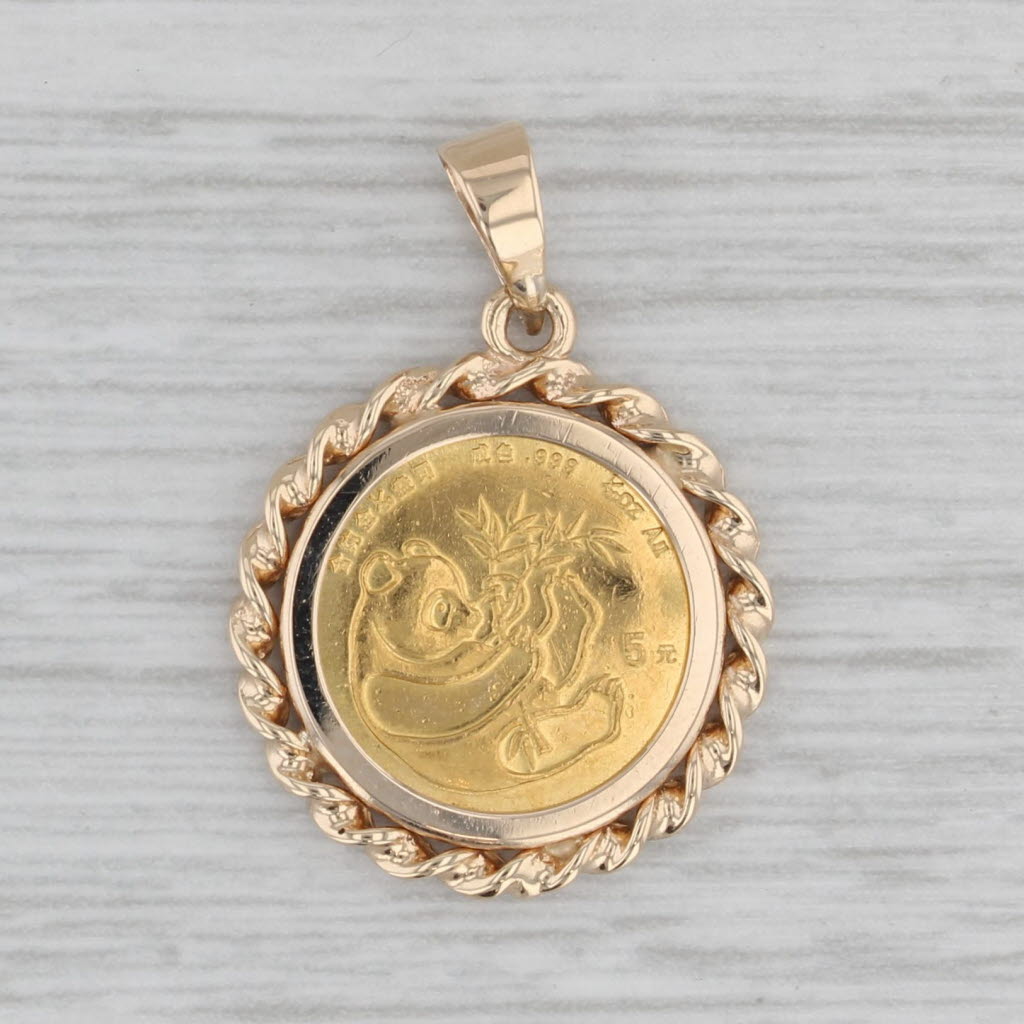 Gray 19844 Chinese Panda Coin Pendant 14k Gold Bezel 999 Coin 1/20oz