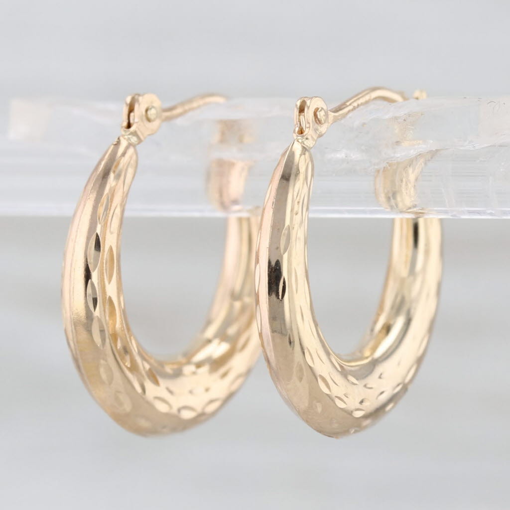 Small Etched Hoop Earrings 14k Yellow Gold Snap Top Round Hoops