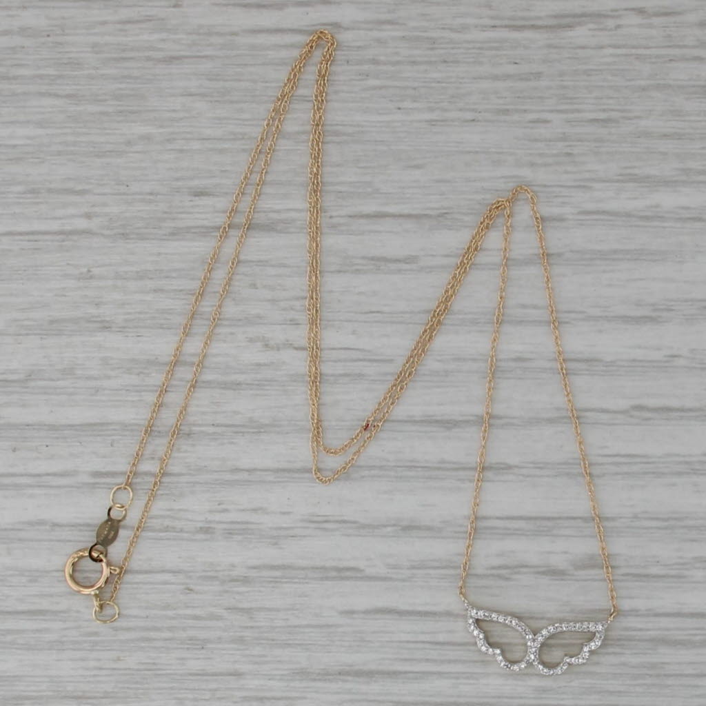 New 0.07ctw Diamond Wings Stationary Pendant Necklace 14k Gold 18" Rope Chain