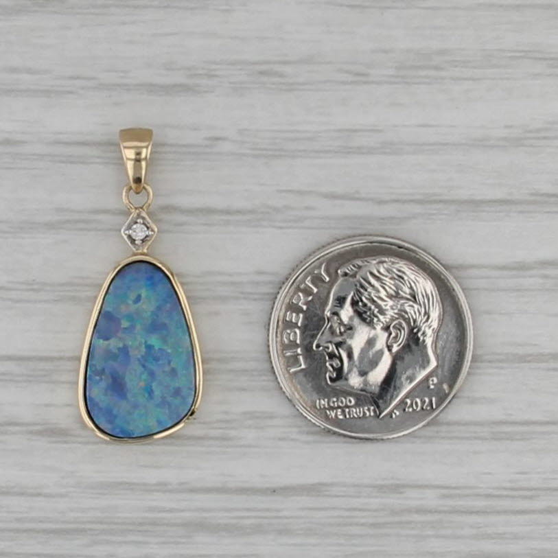 Blue Green Opal Diamond Pendant 14k Yellow Gold Doublet Drop