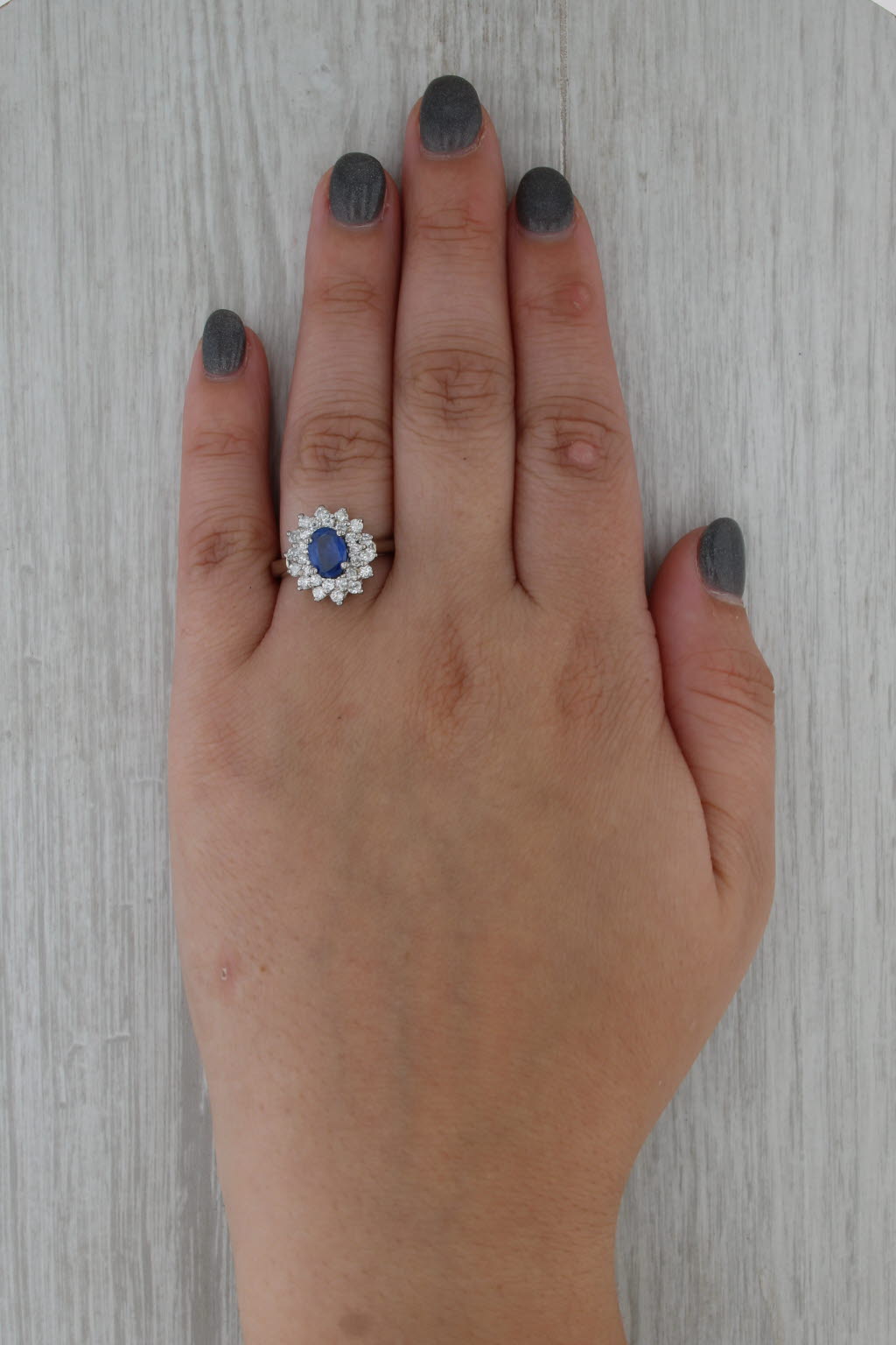 1.73ctw Oval Blue Sapphire Diamond Halo Ring 14k White Gold Size 8 Engagement