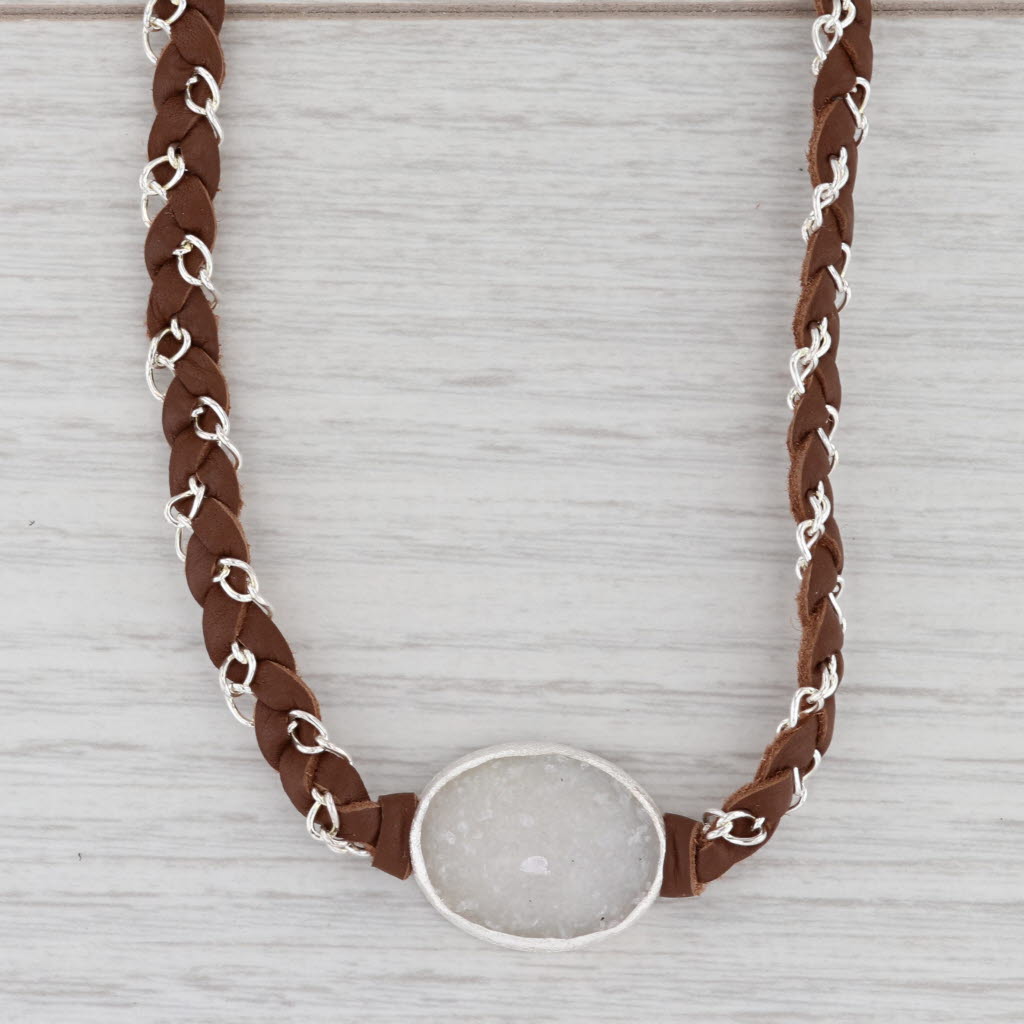 New Nina Wynn Necklace Cordelia Woven Brown Leather Druzy Quartz