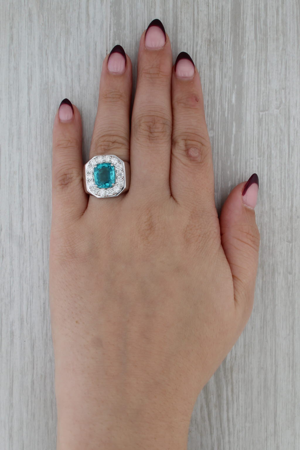Teal Glass 1.26ctw Diamond Halo Ring 14k White Gold Size 8.25