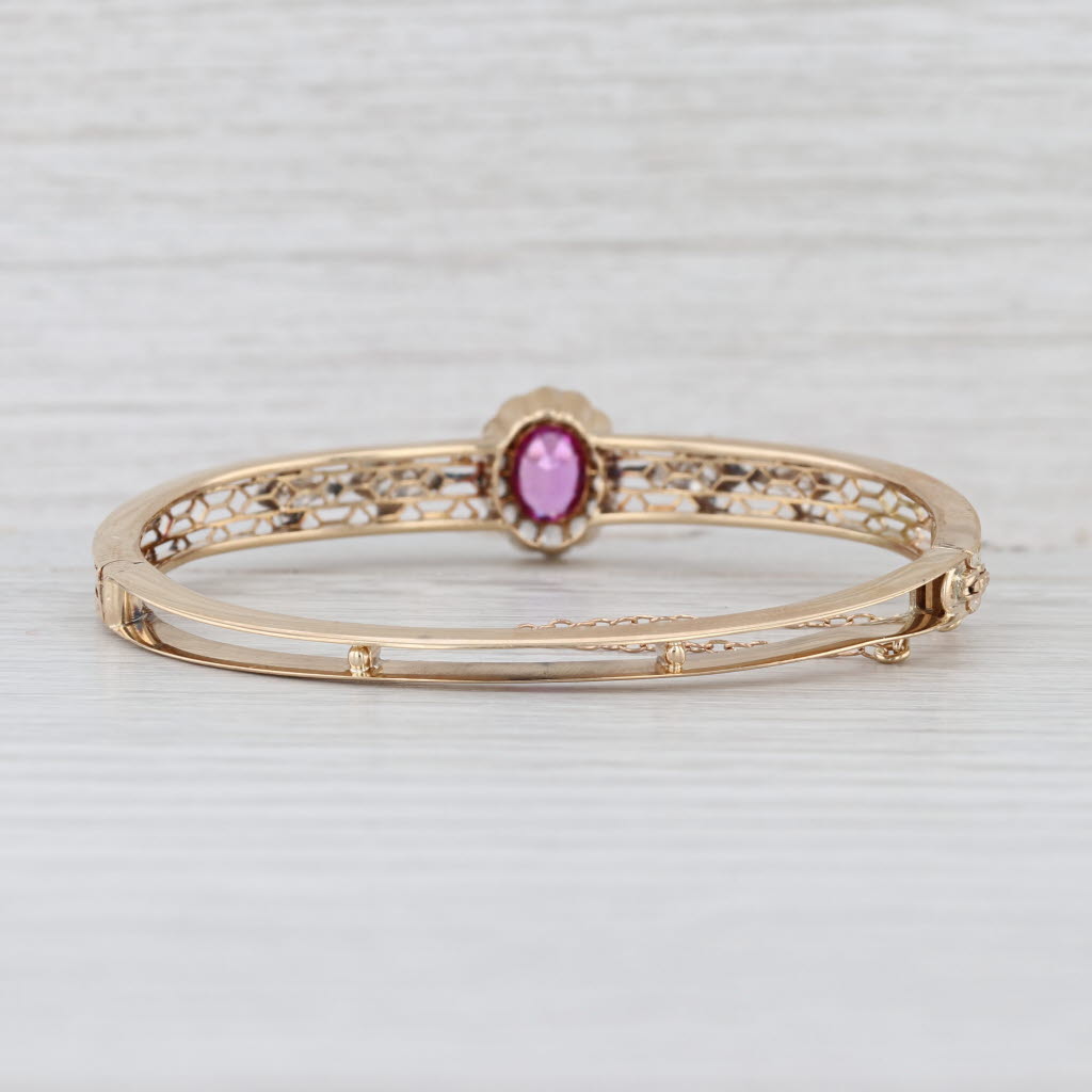 GIA Pink Lab Grown Sapphire Diamond Halo Bangle Bracelet 14k Yellow Gold 6.75"