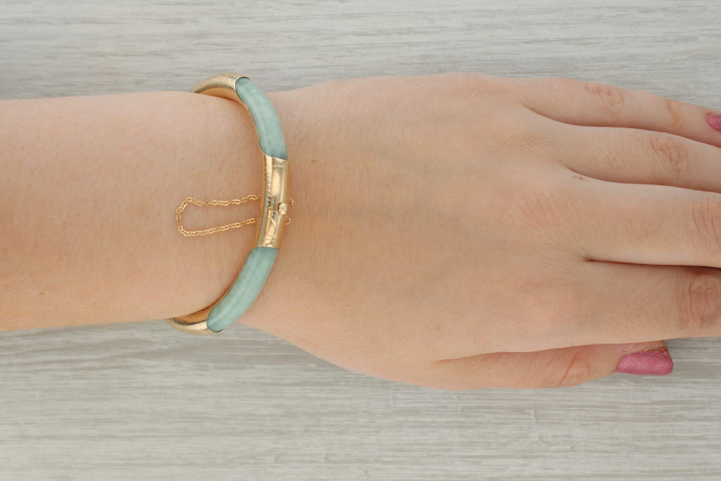 Rosy Brown Green Jadeite Jade Bangle Bracelet 10k Yellow Gold 7" 7mm