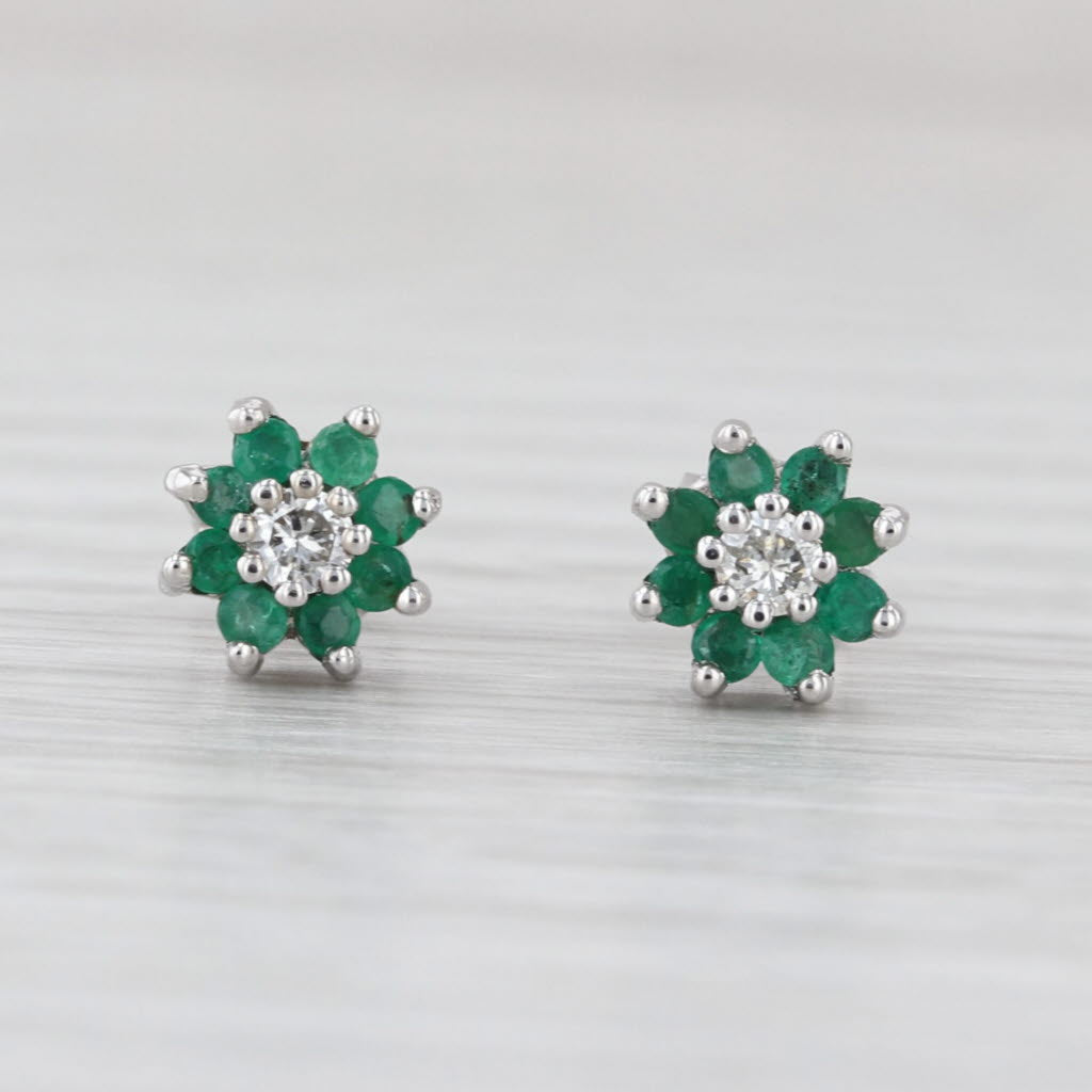 0.32ctw Emerald Diamond Flower Stud Earrings 14k White Gold Studs