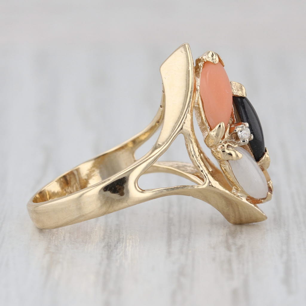 Coral Jade Cabochons Cluster Ring 14k Yellow Gold Size 6 Diamond Accents