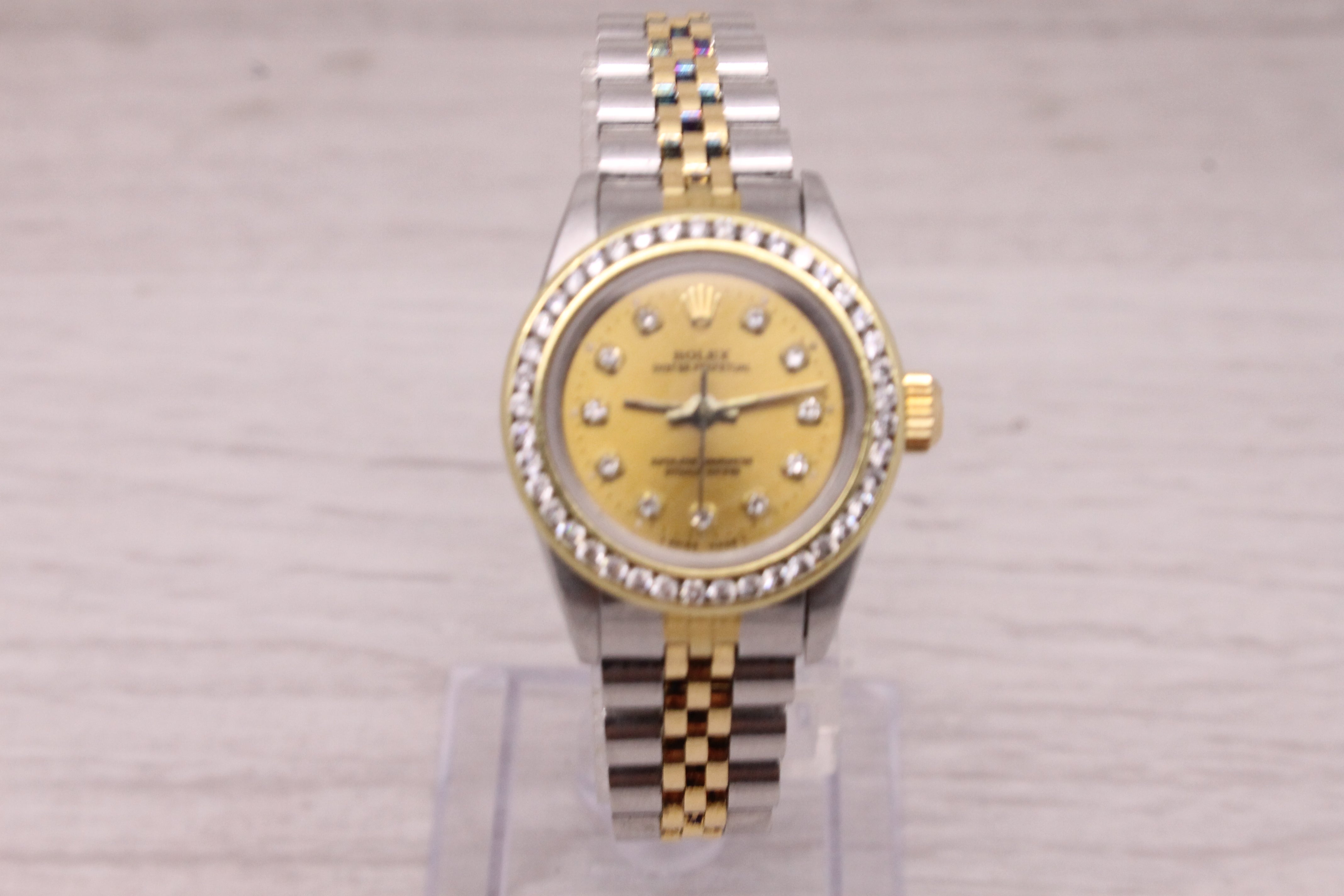 Vintage 1989 Rolex Oyster Perpetual Ladies 26mm Watch Custom Diamond Bezel Dial