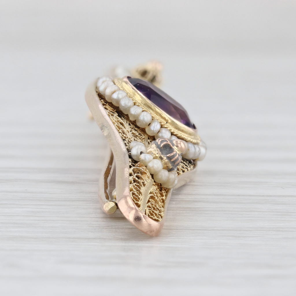 Vintage 1.05ct Amethyst Seed Pearl Filigree Bar Brooch 14k Yellow Gold Pin