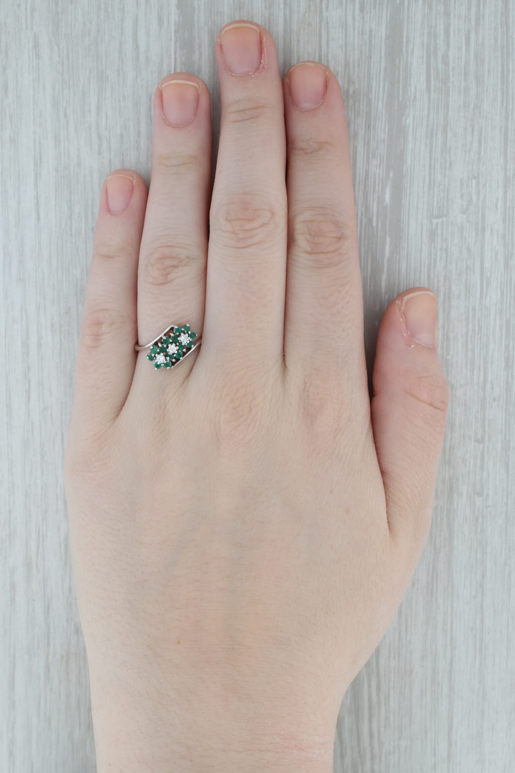 Gray 0.38ctw Emerald Diamond Flower Bypass Ring 14k White Gold Size 8.5
