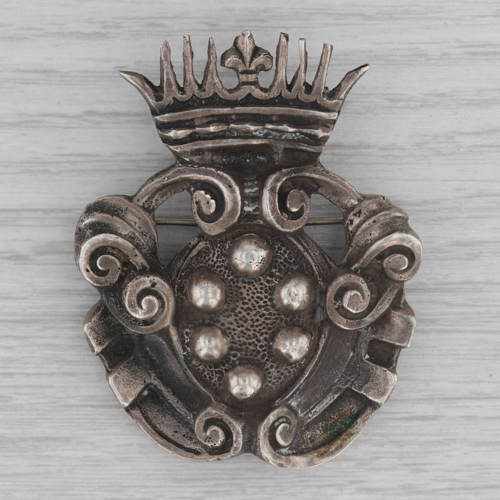 Gray Antique Crowned Coat of Arms Military Brooch Badge 800 Silver Pin