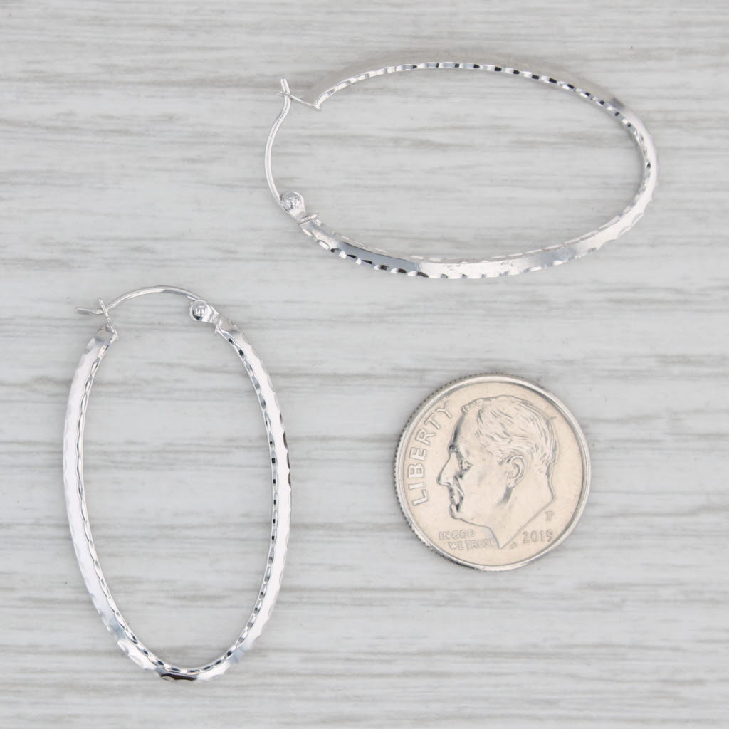 Light Gray Etched Oval Hoop Earrings 14k White Gold Snap Top Pierced Hoops