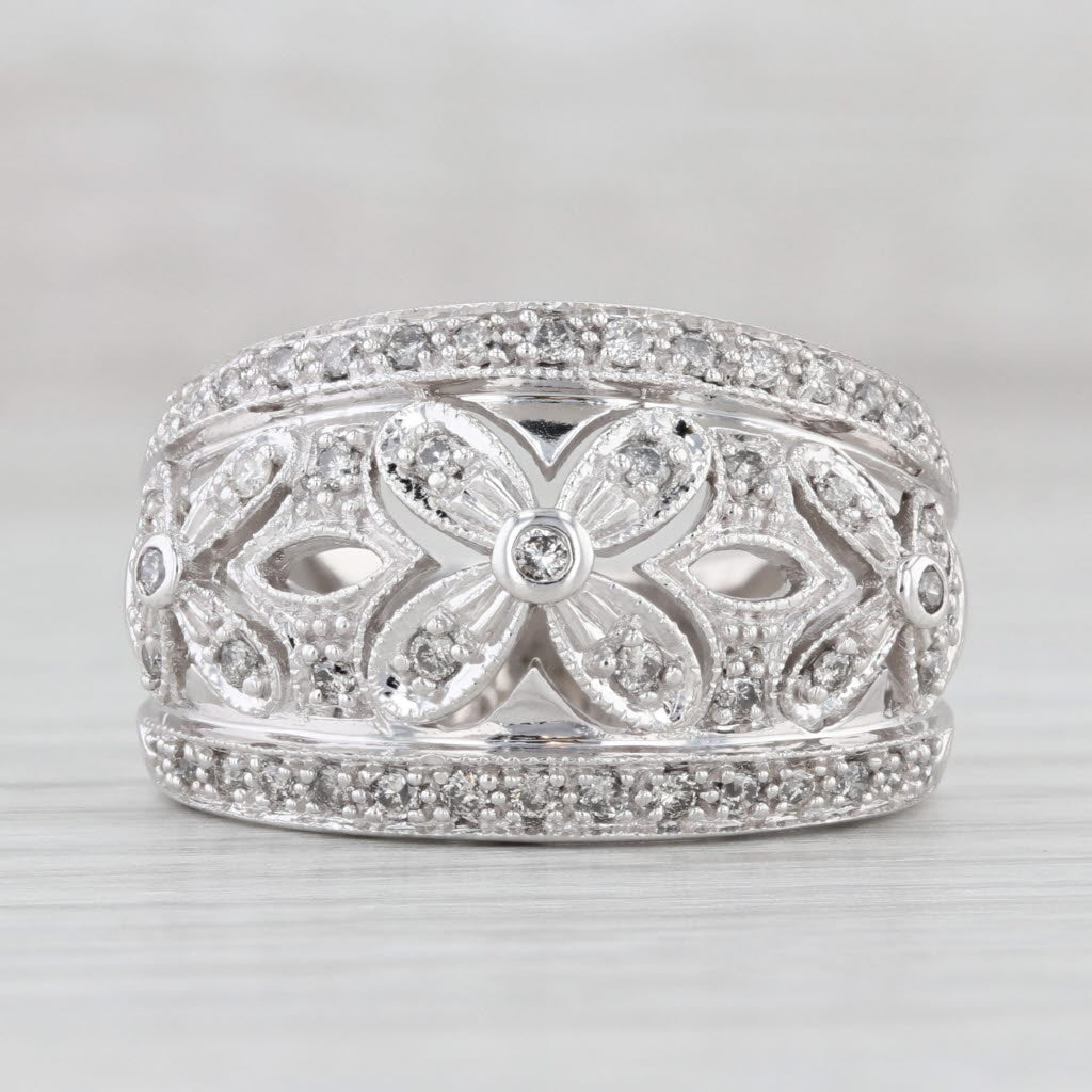 Light Gray 0.50ctw Diamond Flower Ring 14k White Gold Size 7.5 Cocktail Openwork