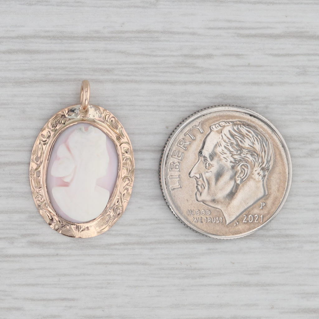 Gray Vintage Carved Shell Cameo Pendant 10k Yellow Gold Floral Frame