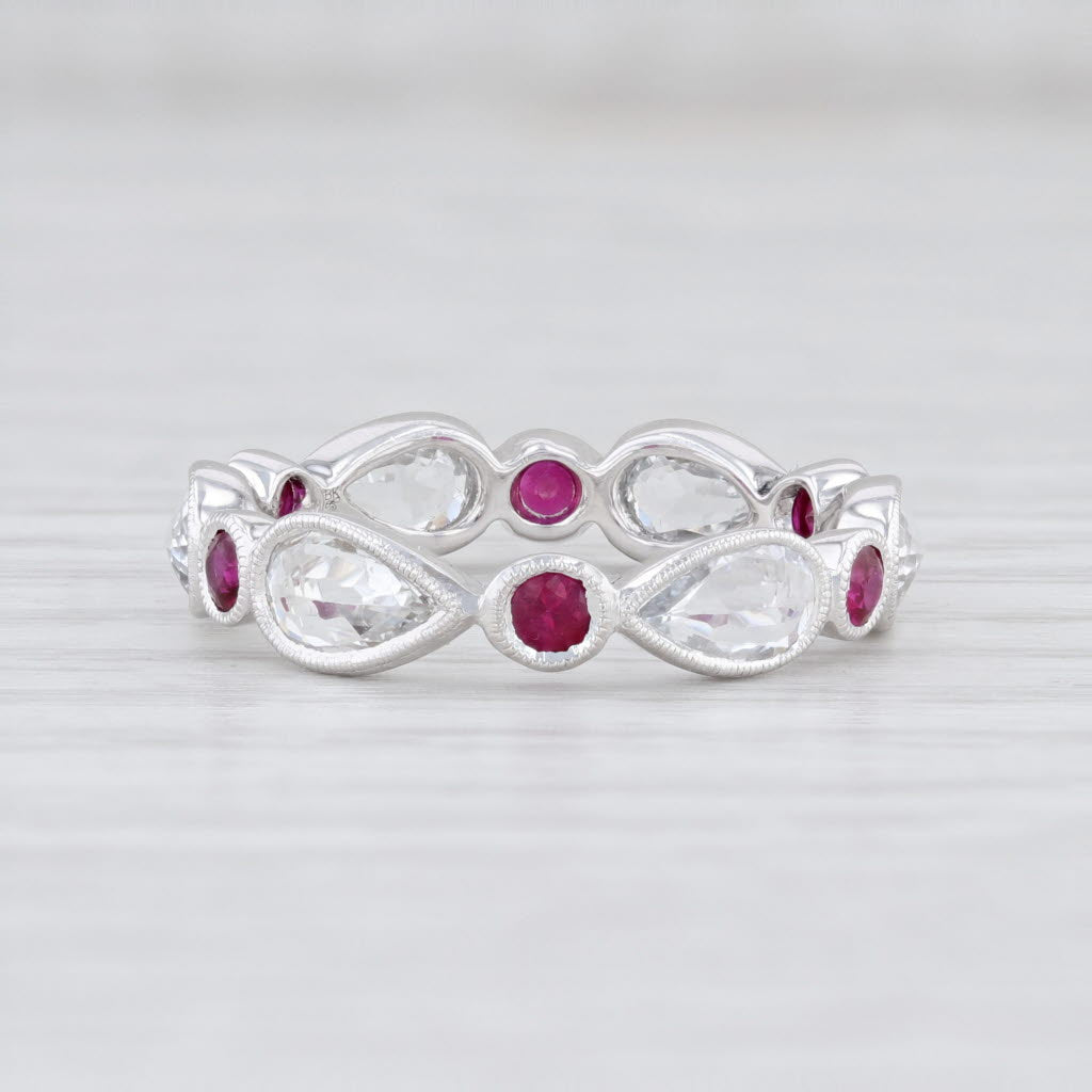 New Beverley K Red Ruby White Sapphire Stackable Ring 14k Gold Eternity Band 6.5