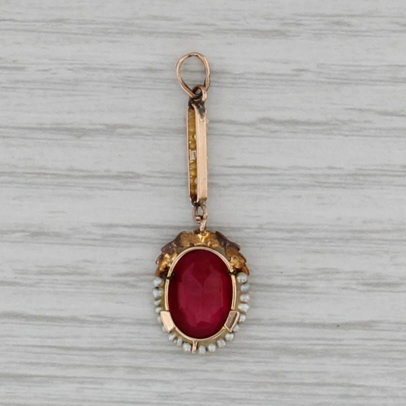 Antique Red Glass Pearls Floral Pendant 10k Rose Gold Drop
