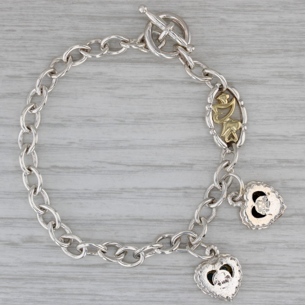 Dark Gray 0.36ctw Ruby Aquamarine Heart Charms Bracelet Sterling Silver 18k Gold 6.5"