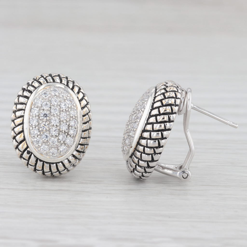 Light Gray Pave Cubic Zirconia Earrings Sterling Silver Pierced Omega Back Drops