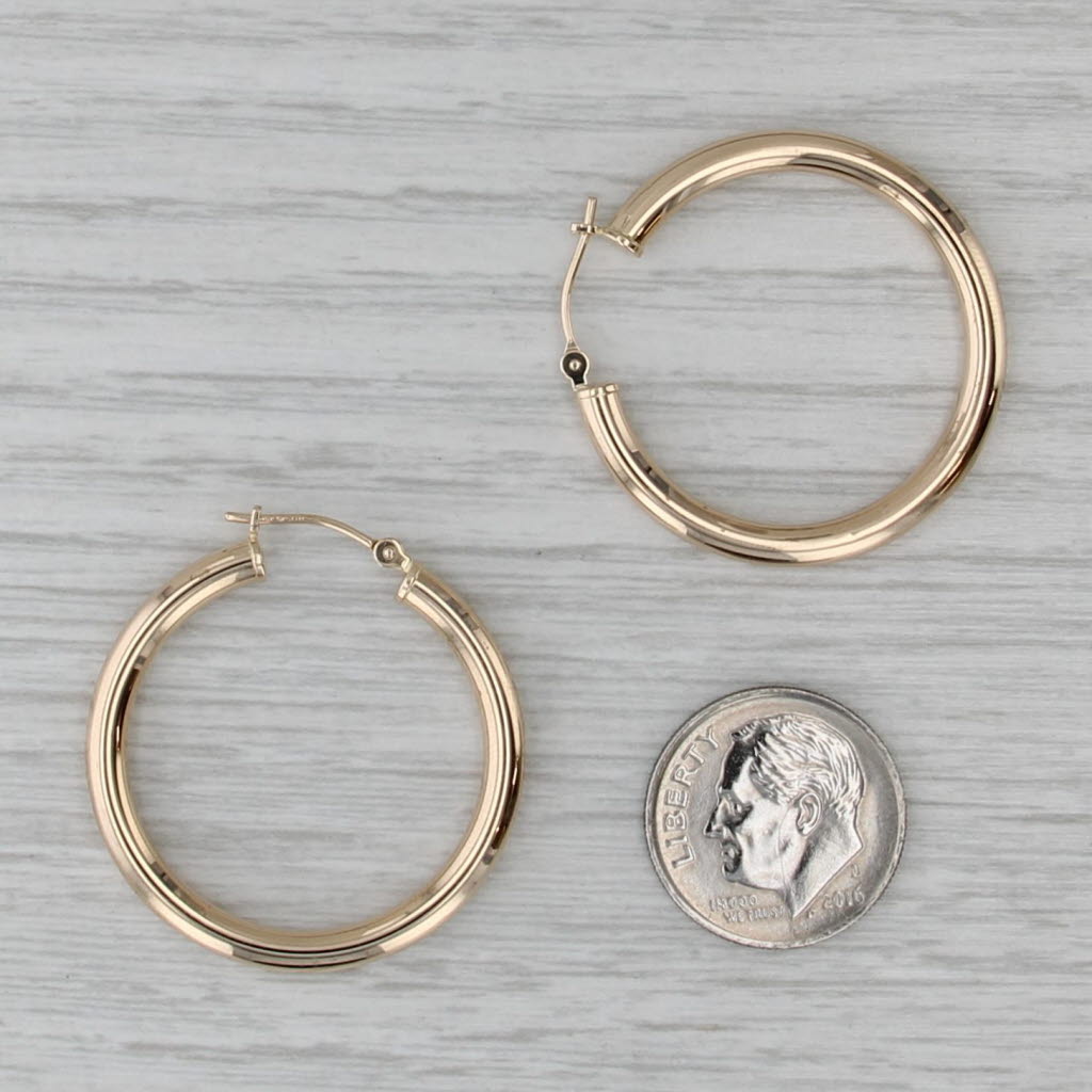 Round Hoop Earrings 14k Yellow Gold Snap Top Round Hoops 30 x 3mm
