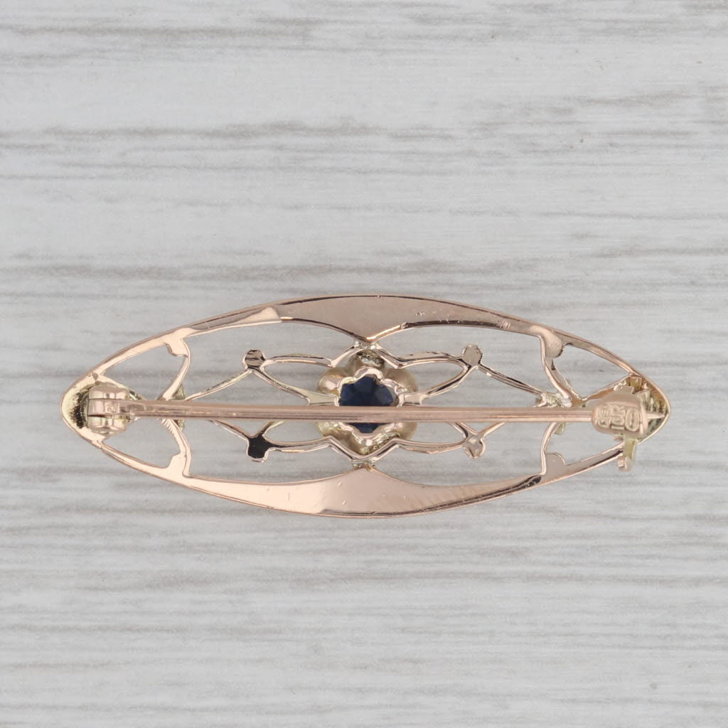 Gray Vintage Blue Glass Imitation Sapphire Pearl Filigree Brooch 10k Gold Floral Pin