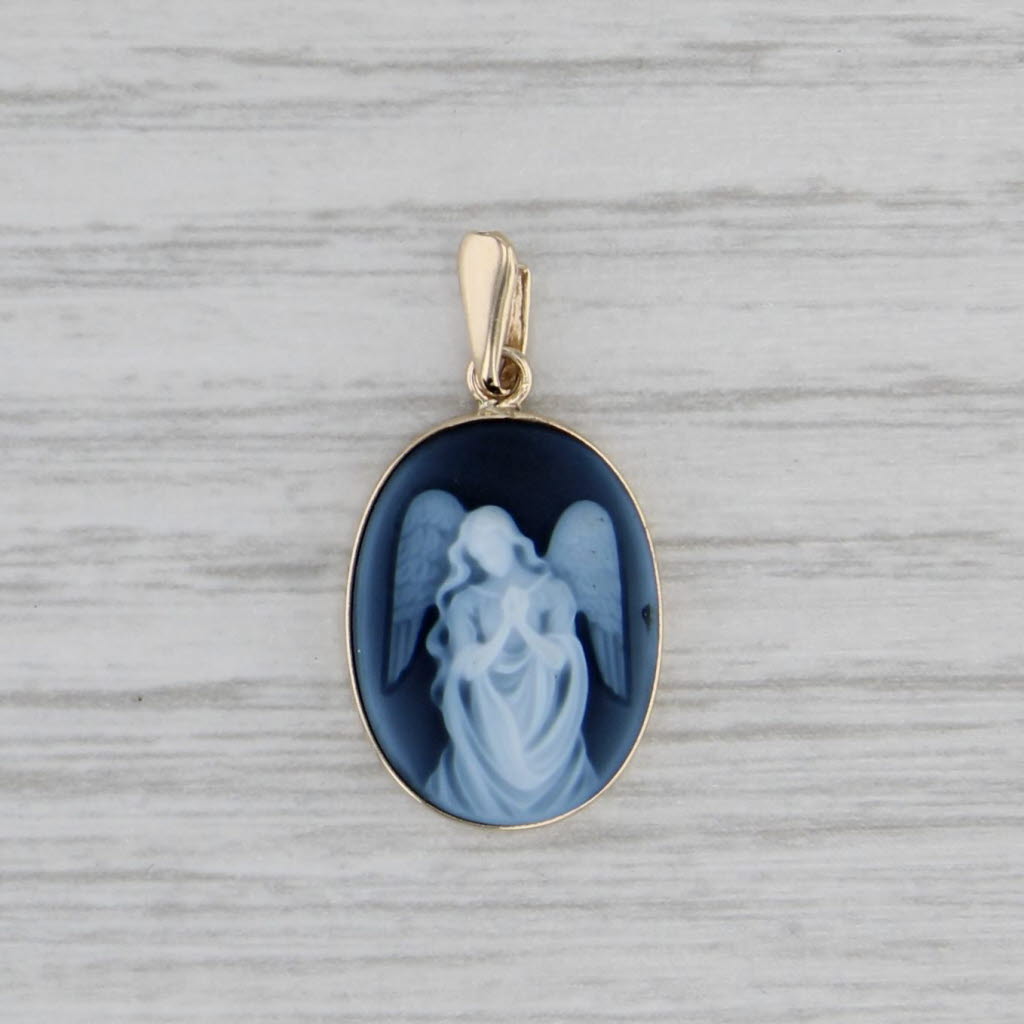 Guardian Angel Cameo Pendant 10k Yellow Gold Black White Carved Chalcedony