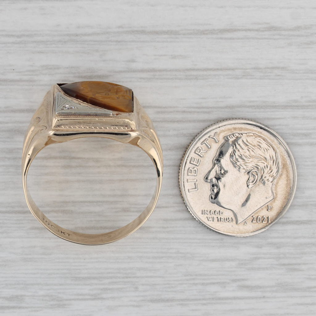 Gray Vintage Intaglio Carved Tiger's Eye Ring 10k Gold Diamond Accent Size 9