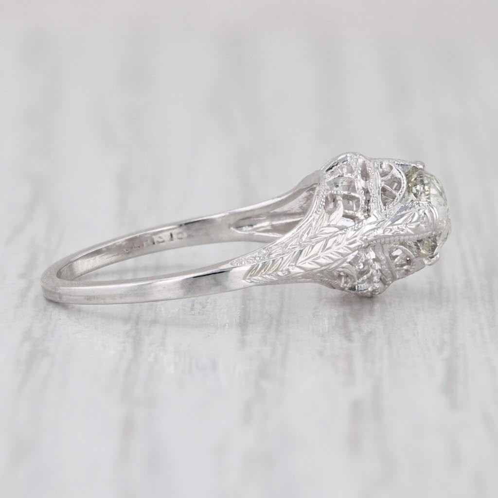Art Deco 0.73ct Diamond Old Mine Cut Solitaire Engagement Ring 18k White Gold