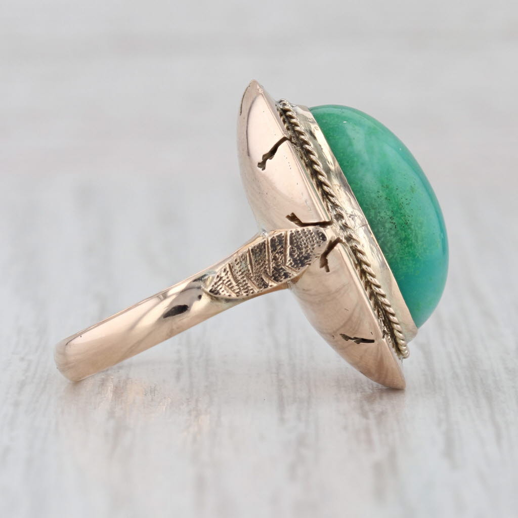 Vintage Oval Cabochon Aquaprase Chalcedony Solitaire Ring 10k Gold Size 6.5