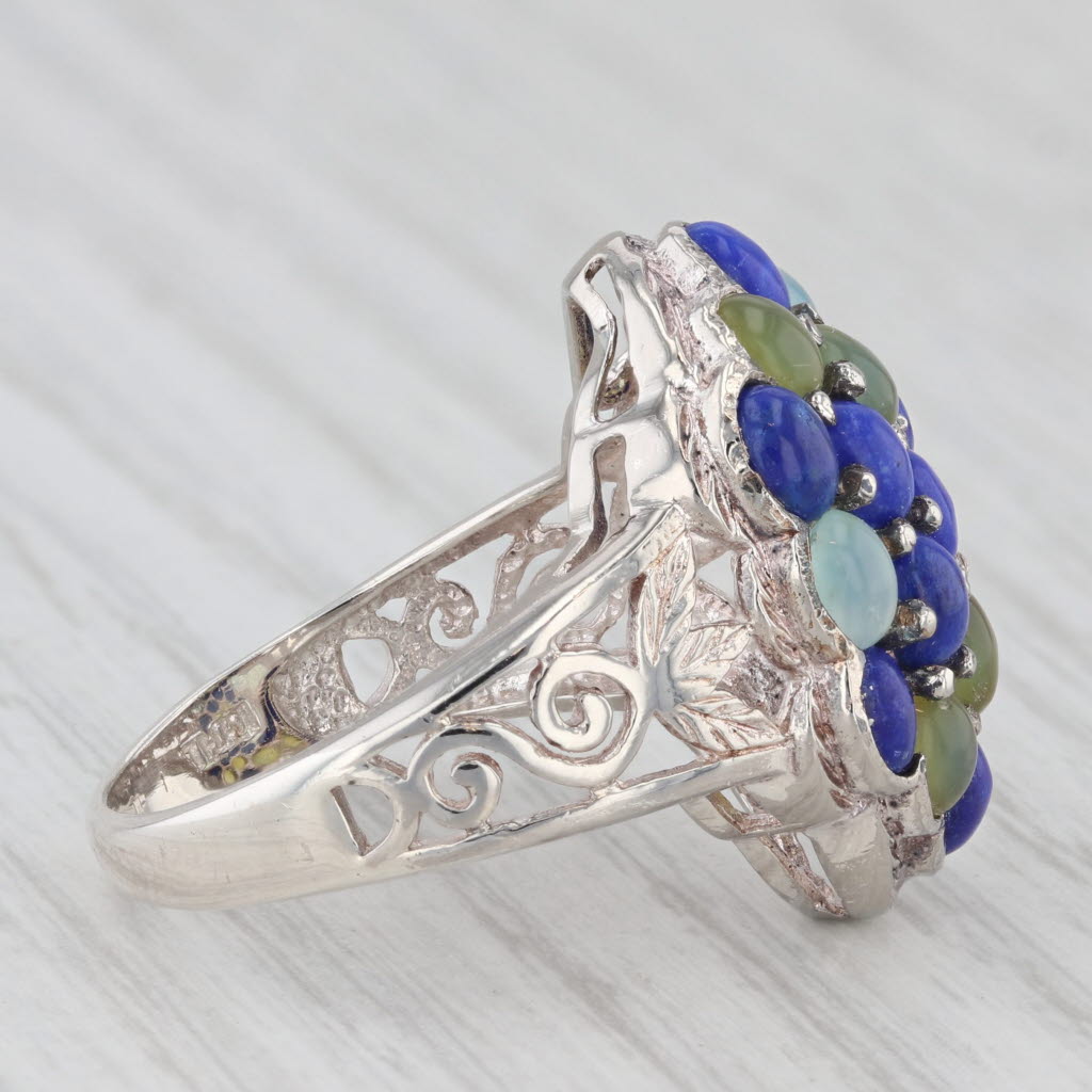 Light Gray Gemstone Cluster Ring Sterling Silver Lapis Lazuli Chalcedony Cabochons Size 6.5