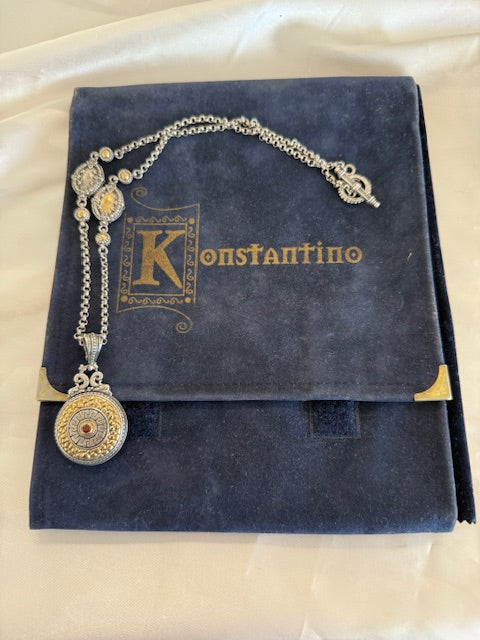 Konstantino Necklace with Pouch Sterling Silver 18k Gold Glass Nugget Greek Key