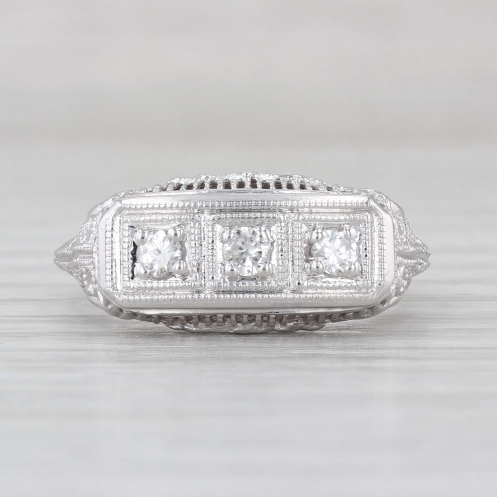 Vintage 0.18ctw Diamond 3-Stone Filigree Ring 14k White Gold Size 6 Floral