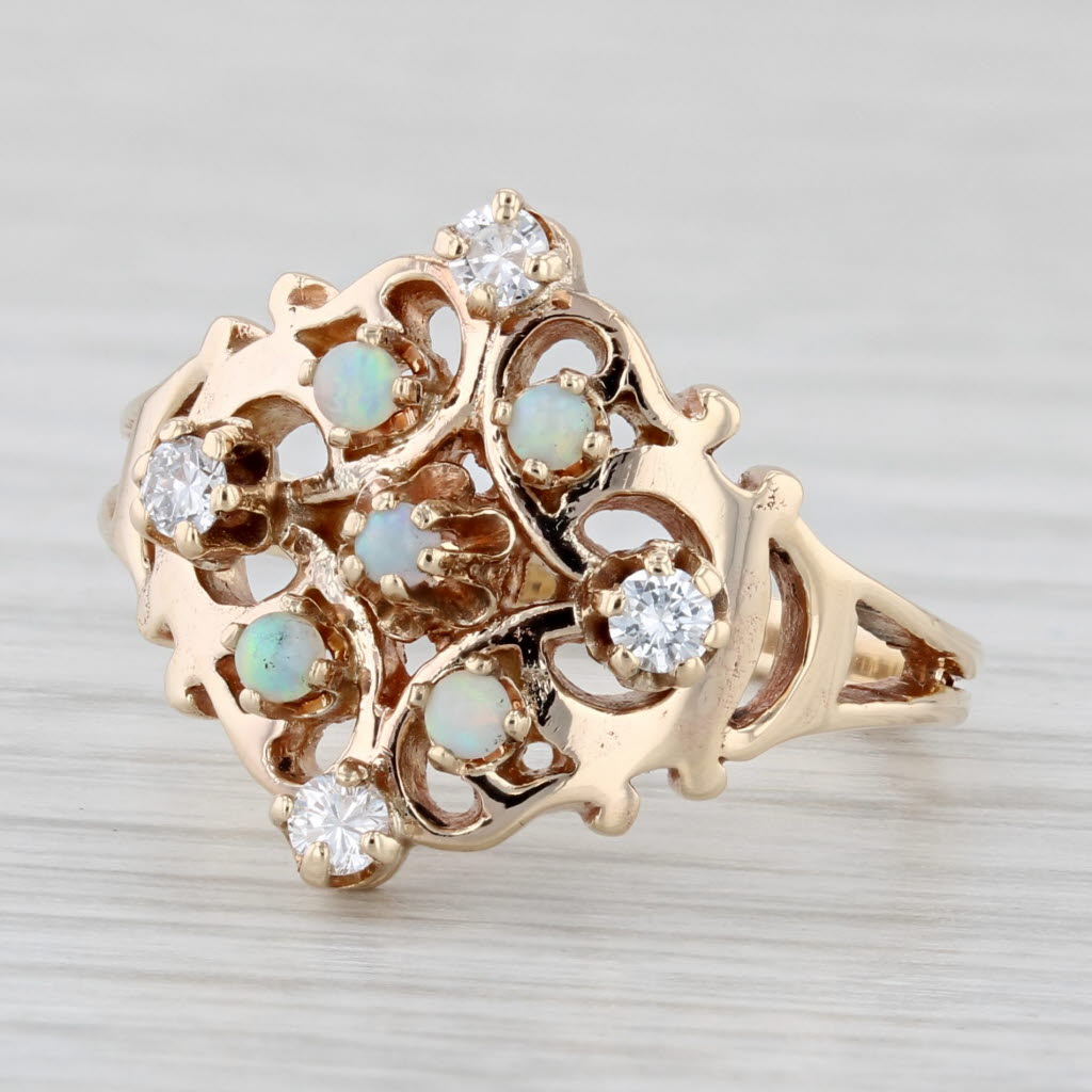 Light Gray Vintage Opal Diamond Ring 14k Yellow Gold Size 7.25