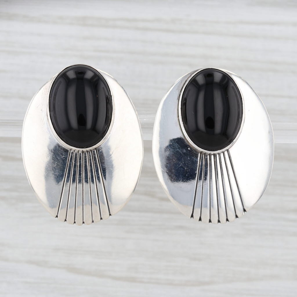 Southwestern Vintage Onyx Statement Earrings Sterling Silver Signed JD