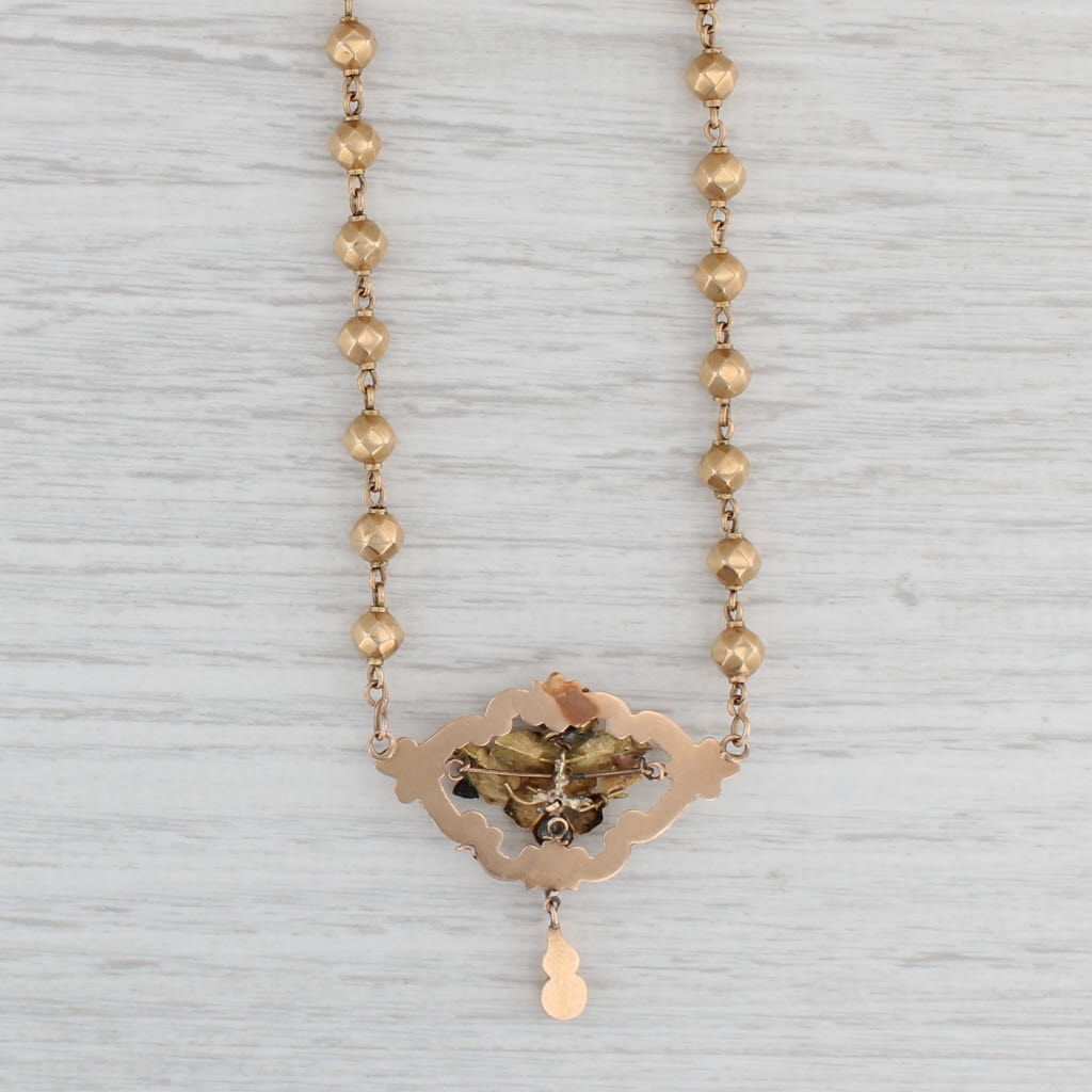 Light Gray Antique Lavalier Pendant Necklace Coral Pearl 14k Yellow Gold 20" Bead Chain