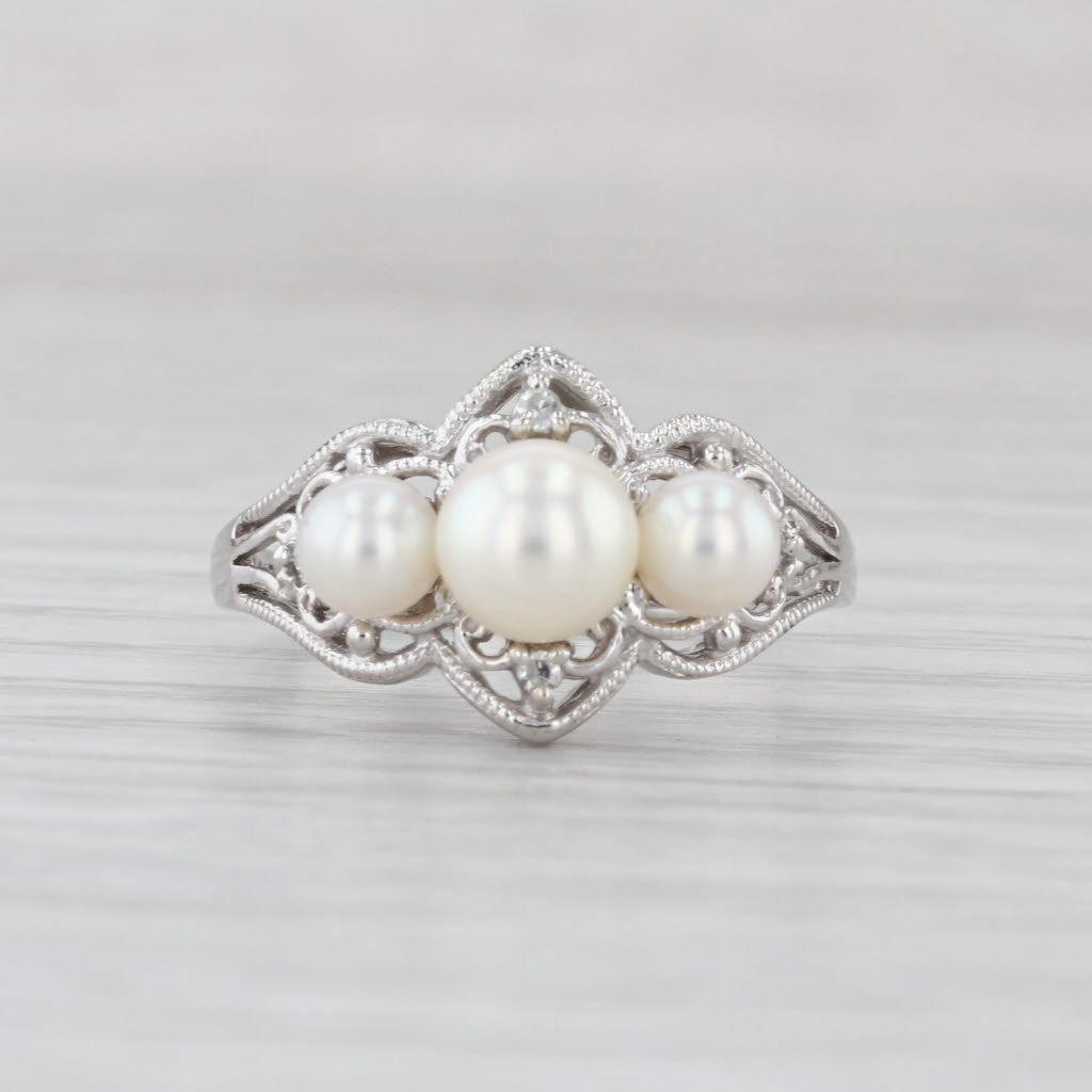 Cultured Pearl 3-Stone Diamond Ring 10k White Gold Size 6.75