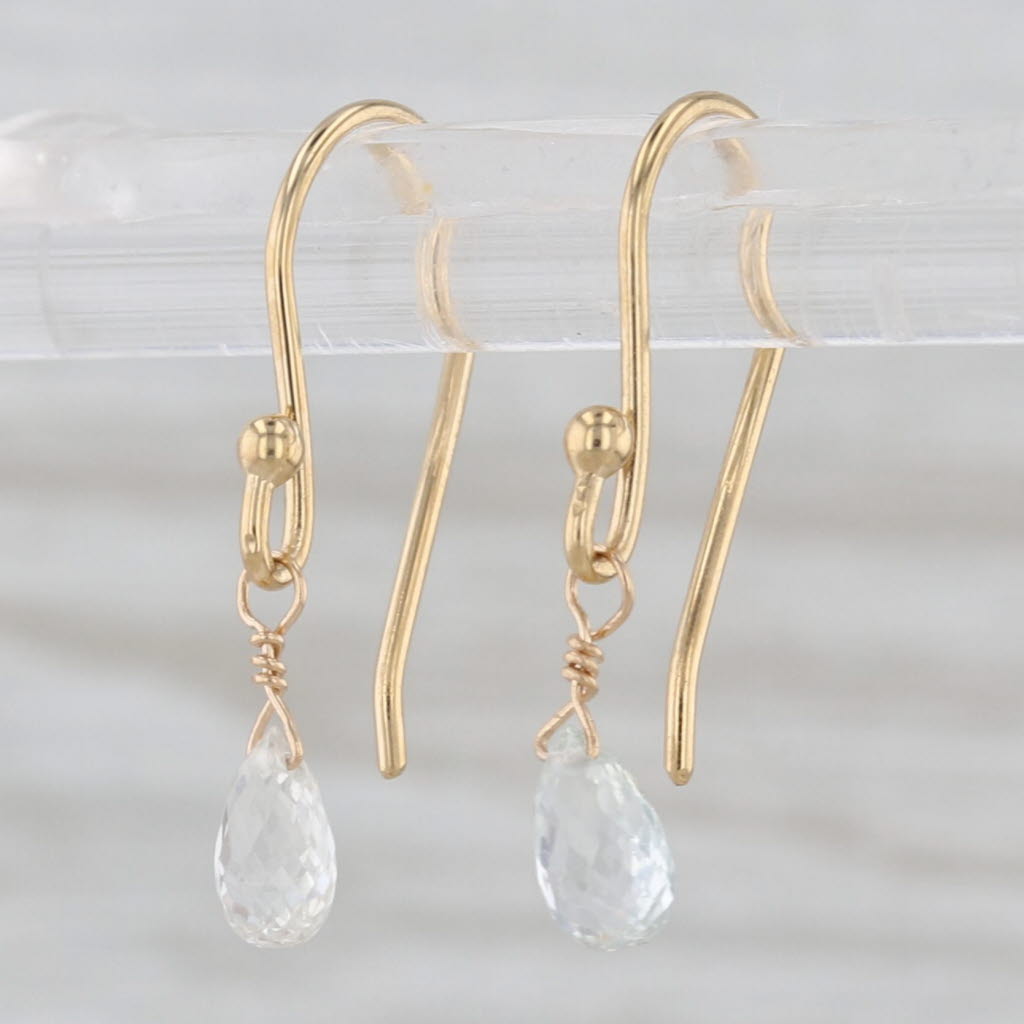 White Sapphire Briolette Dangle Earrings 18k Yellow Gold Hook Posts