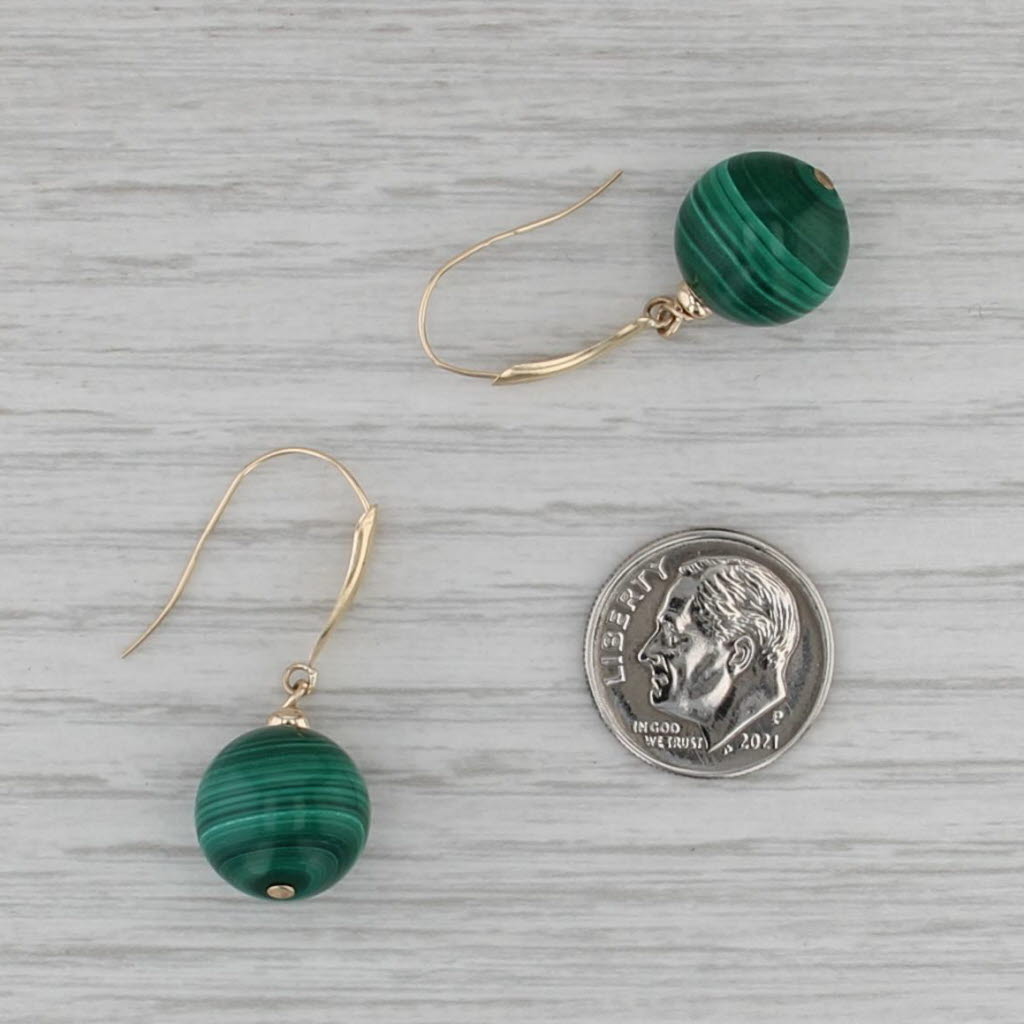 Green Malachite Bead Dangle Earrings 14k Yellow Gold Hook Posts Drops