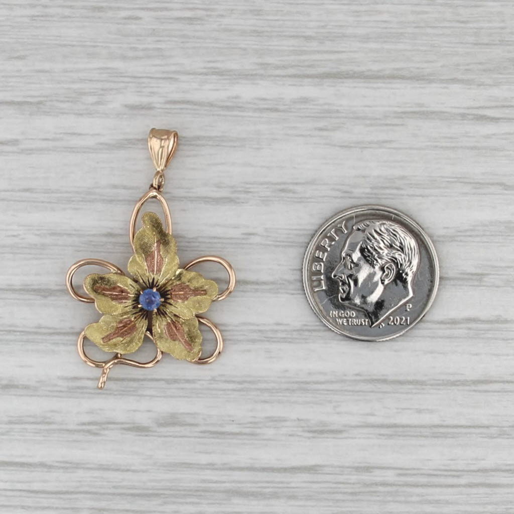 Vintage Garnet Glass Flower Pendant 14k Green Rose Yellow Gold Floral
