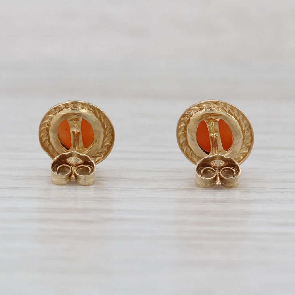 Vintage Carved Shell Cameo Stud Earrings 14k Yellow old Ornate Figural Studs